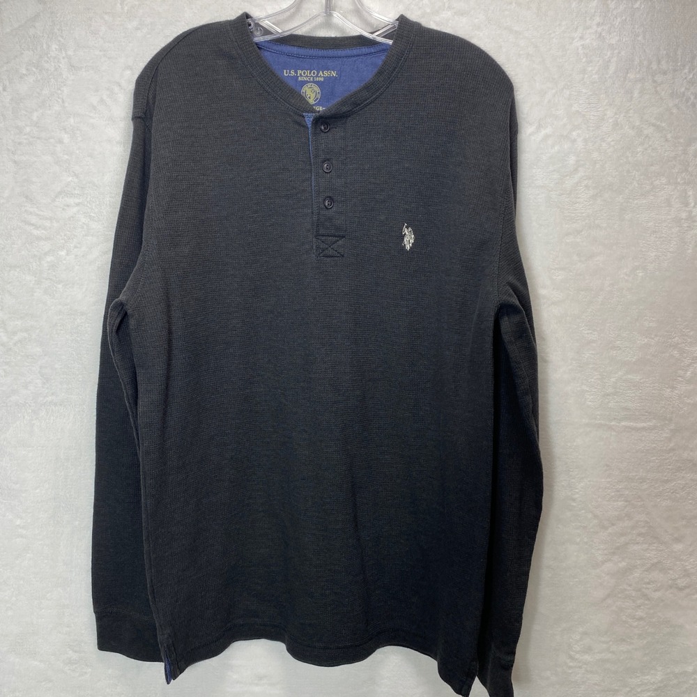 US Polo Assn Mens‎ Gray Long Sleeve Waffle Knit Henley Shirt Casual